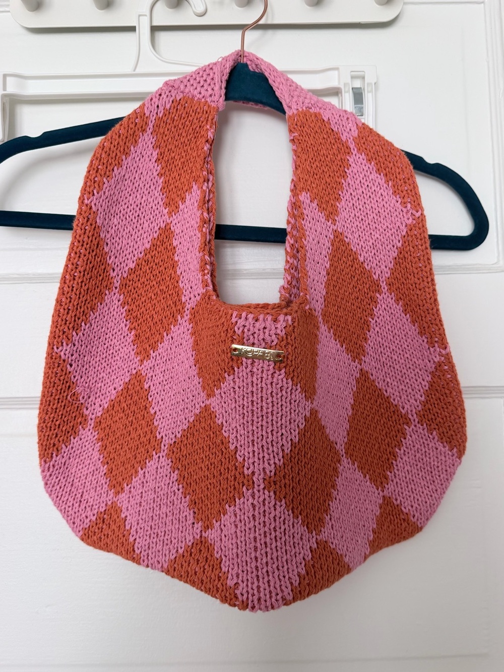 KOPARI Knit Argyle Bag Pink Orange Circle Handbag Purse Preppy Boho Slouchy